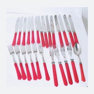 Peerless Stainless Steel Lot of 25 Dinner Knives, Forks, Soup Spoon Red Handle